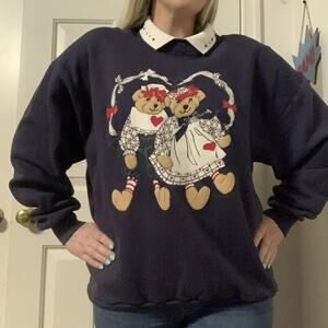 Vintage Teddy Bear Collared Sweatshirt Womens Extra Large Blue 90s